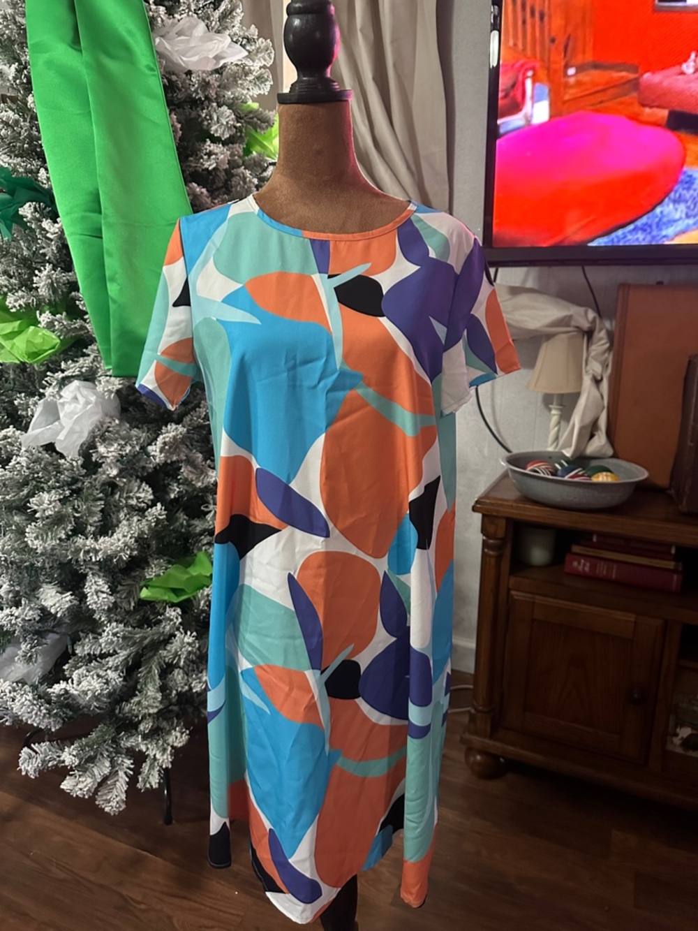 SHEIN Abstract Leaf-Print Midi Dress in Blue, Orange, Purple & Black